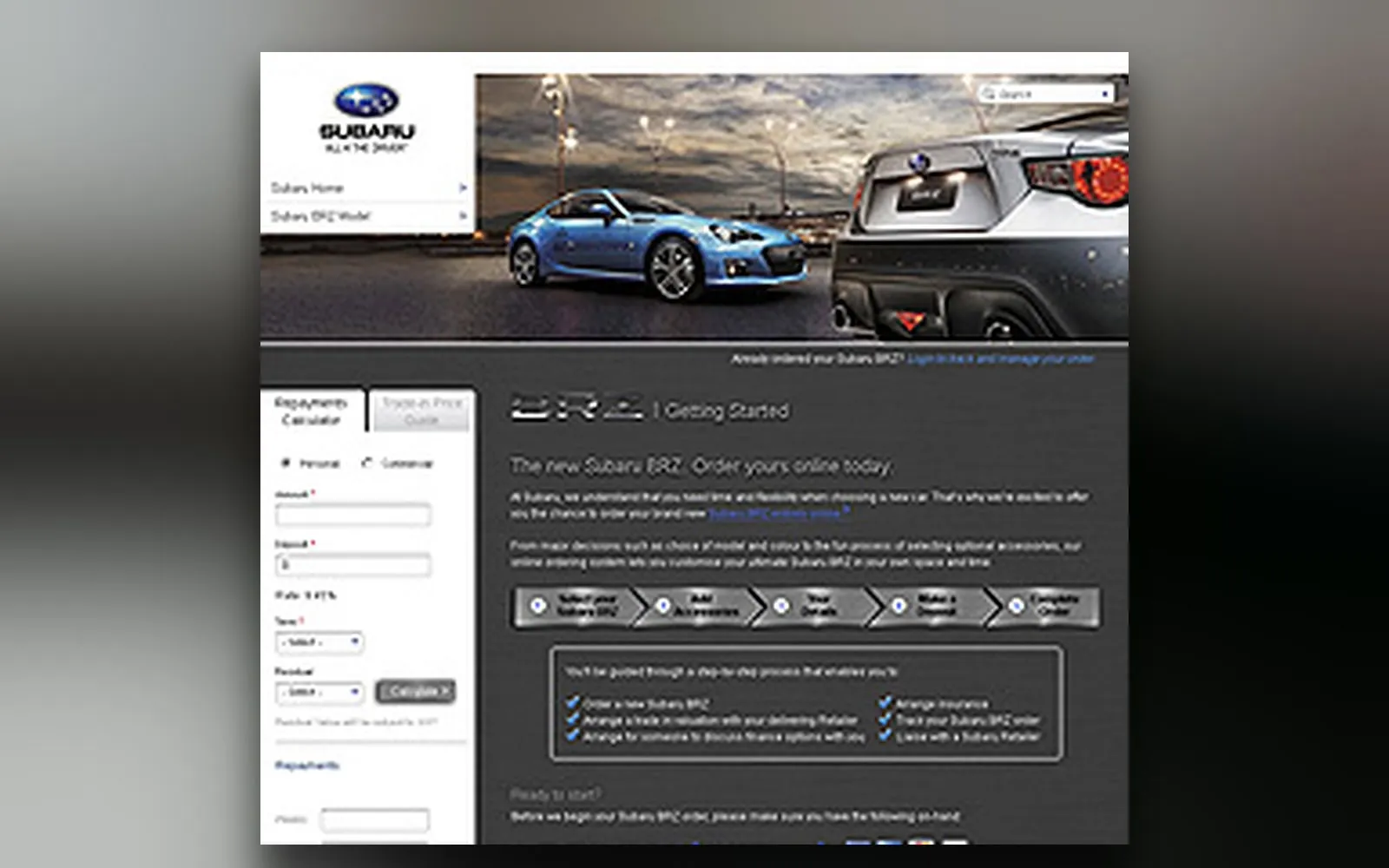 Subaru BRZ online ordering page