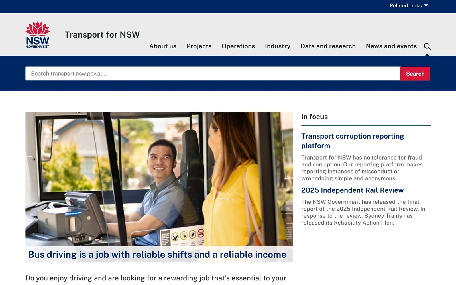 transport.nsw.gov.au home page